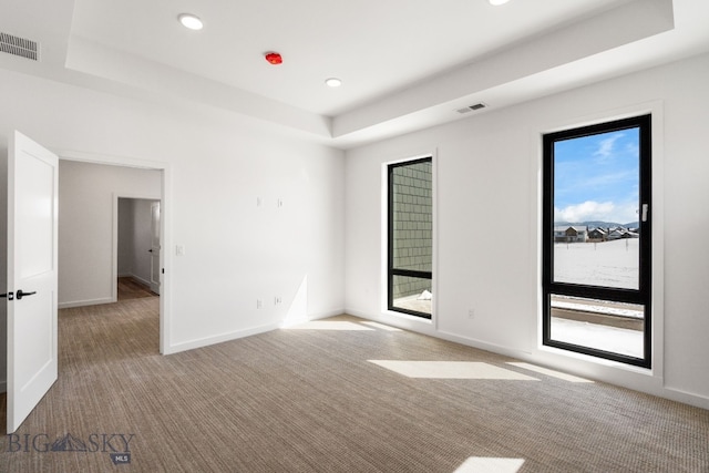 carpeted spare room featuring a tray ceiling, visible vents, and a wealth of natural light