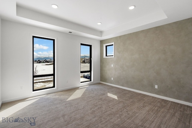 unfurnished room with baseboards, carpet flooring, recessed lighting, and a tray ceiling
