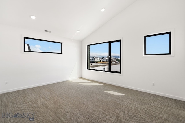 empty room featuring recessed lighting, visible vents, carpet flooring, and baseboards