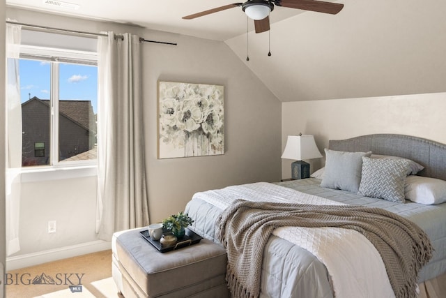 126 Pathfinder Trl, Bozeman, MT 59718 - bedroom with light colored carpet, lofted ceiling, and ceiling fan