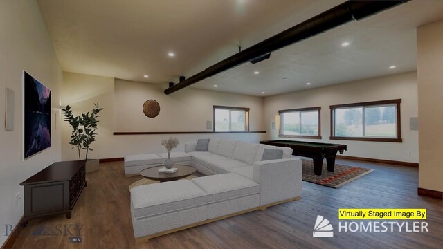 living area with wood finished floors, baseboards, recessed lighting, and billiards