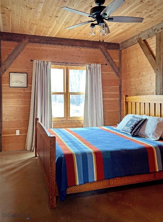 657 Waterloo Rd, Whitehall, MT 59759 - bedroom featuring wood ceiling, wood walls, and ceiling fan