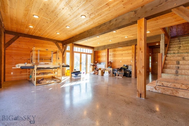 657 Waterloo Rd, Whitehall, MT 59759 - misc room with wood walls, speckle patterned floor, stairway, recessed lighting, and wooden ceiling