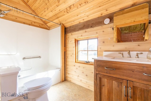 657 Waterloo Rd, Whitehall, MT 59759 - full bathroom with toilet, wood ceiling, wooden walls, vanity, and vaulted ceiling