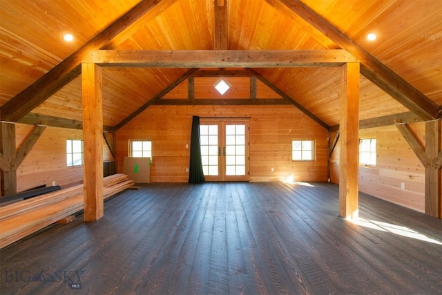 657 Waterloo Rd, Whitehall, MT 59759 - additional living space with dark wood finished floors, plenty of natural light, french doors, wood walls, and wooden ceiling