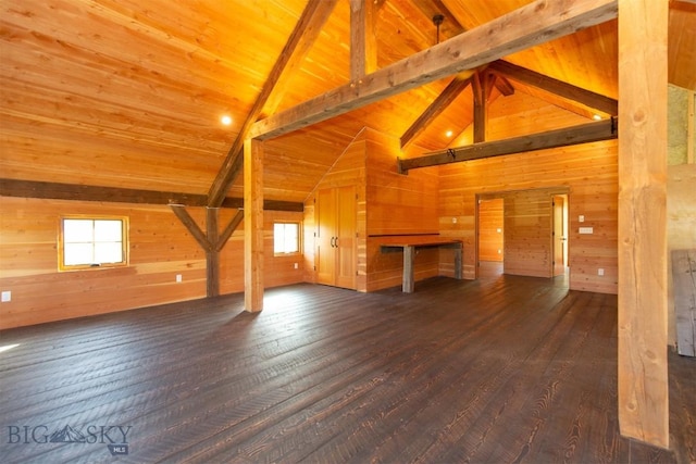 657 Waterloo Rd, Whitehall, MT 59759 - unfurnished living room featuring wood walls, wooden ceiling with exposed beams, wood-type flooring, and high vaulted ceiling