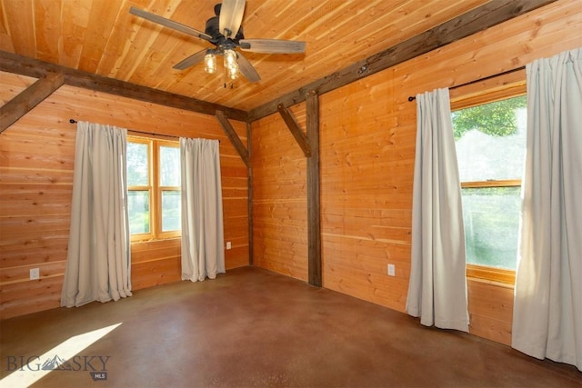 657 Waterloo Rd, Whitehall, MT 59759 - empty room featuring wooden walls, concrete floors, wooden ceiling, and a ceiling fan