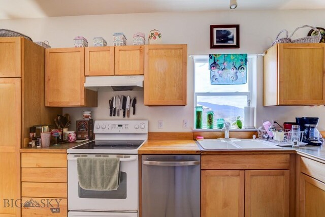 kitchen with under cabinet range hood, white range with electric stovetop, light countertops, dishwasher, and a sink