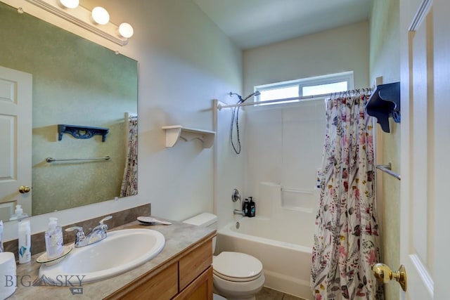 full bathroom featuring toilet, vanity, and shower / bathtub combination with curtain