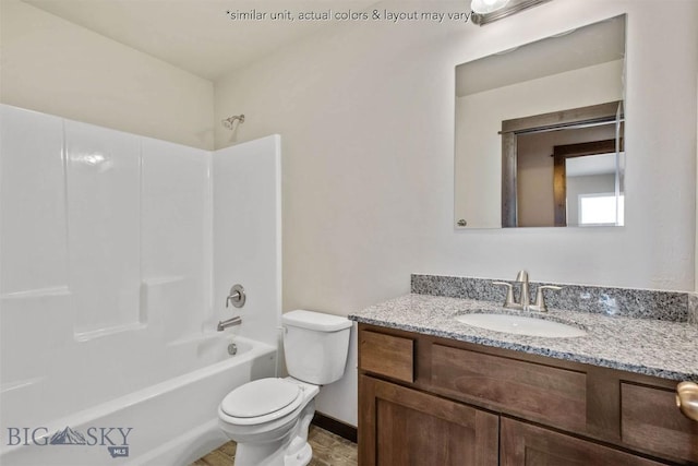 full bath featuring baseboards, toilet, vanity, and bathing tub / shower combination
