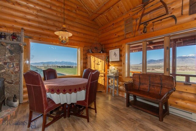 dining room with wood finished floors, log walls, wood ceiling, and lofted ceiling with beams