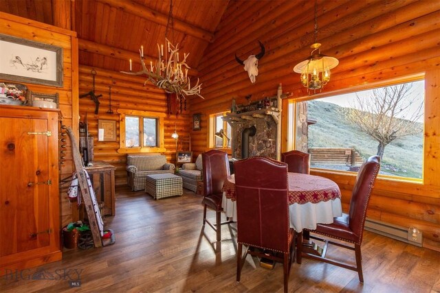 dining area featuring lofted ceiling with beams, rustic walls, a notable chandelier, and wood finished floors