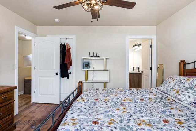 250 Jackson Ln, Belgrade, MT 59714 - bedroom with wood finished floors, a closet, a ceiling fan, and ensuite bath