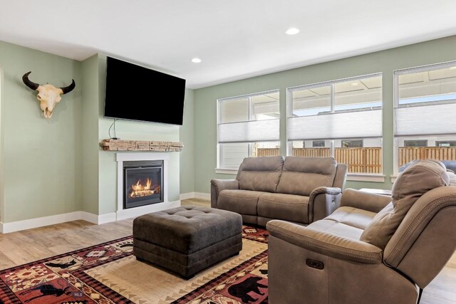 1508 Deadwood Loop, Belgrade, MT 59714 - living area featuring baseboards, light wood-style floors, a glass covered fireplace, and recessed lighting