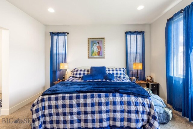 bedroom with baseboards, carpet, and recessed lighting