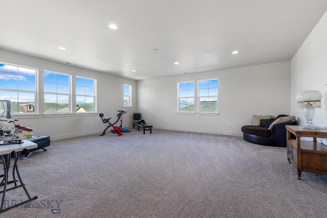 playroom with baseboards, carpet flooring, and recessed lighting