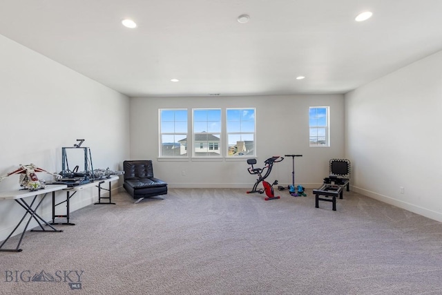game room with carpet floors, recessed lighting, and baseboards