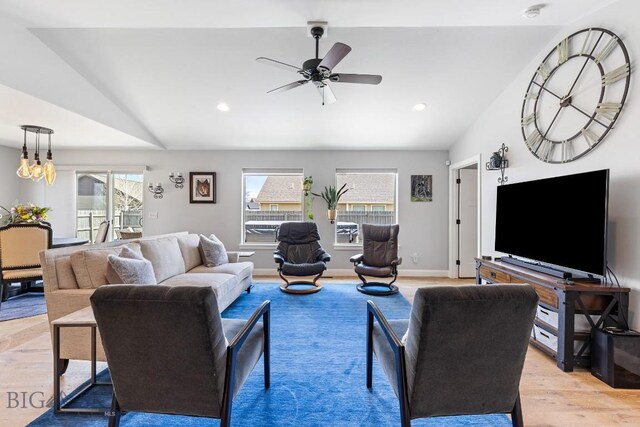 1708 Drummond Blvd, Belgrade, MT 59714 - living room featuring vaulted ceiling, light wood-style floors, a ceiling fan, and recessed lighting