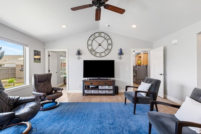 1708 Drummond Blvd, Belgrade, MT 59714 - living room with ceiling fan, separate washer and dryer, light wood-style floors, vaulted ceiling, and recessed lighting