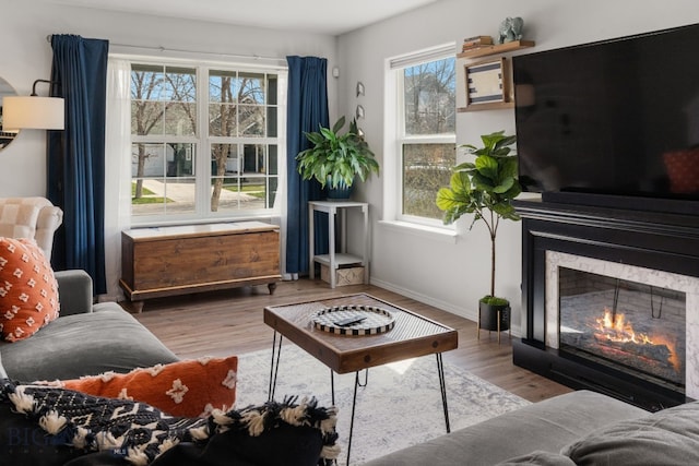 sitting room with a high end fireplace, wood finished floors, and a healthy amount of sunlight