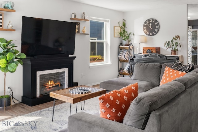 living room featuring a warm lit fireplace and wood finished floors
