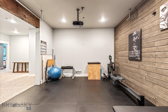 31 Haystack Dr, Bozeman, MT 59718 - exercise room featuring baseboards, wood walls, and recessed lighting