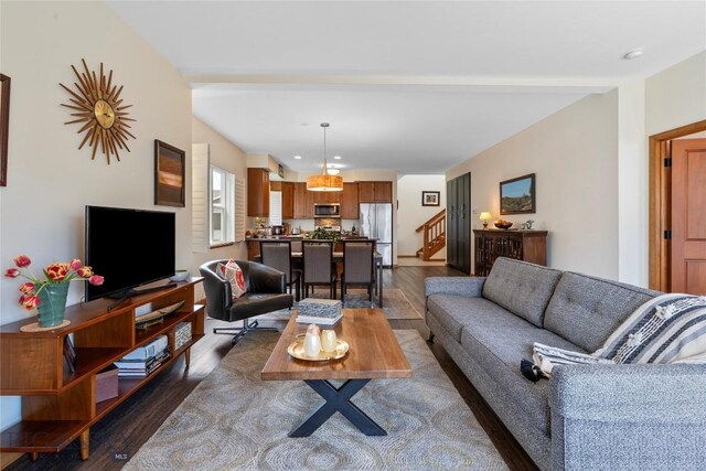 268 Pine Creek Dr, Bozeman, MT 59718 - living room with stairway, dark wood-type flooring, and recessed lighting