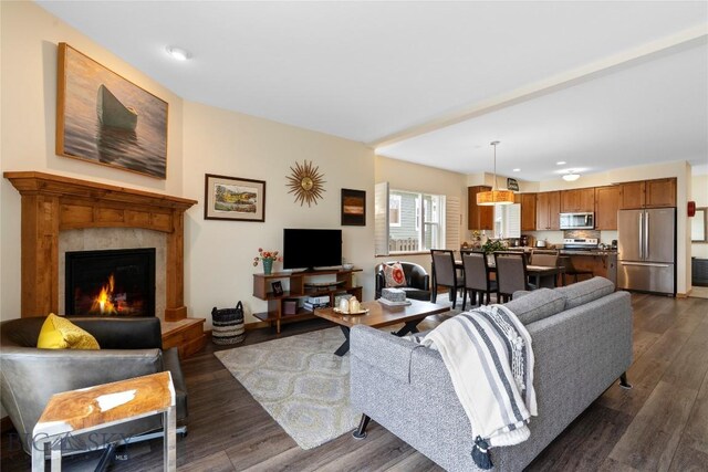 268 Pine Creek Dr, Bozeman, MT 59718 - living room with a warm lit fireplace, dark wood-type flooring, and recessed lighting