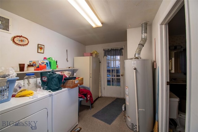 602 Harris, Big Timber, MT 59011 - washroom with washer and clothes dryer, carpet floors, water heater, laundry area, and visible vents