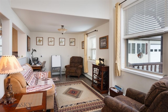 682 E River Rd, Pray, MT 59065 - living area featuring a baseboard heating unit, wood finished floors, and a baseboard radiator