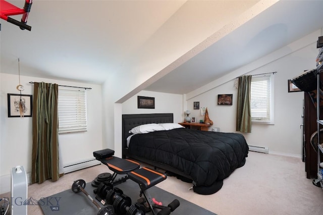 682 E River Rd, Pray, MT 59065 - carpeted bedroom featuring baseboard heating and vaulted ceiling