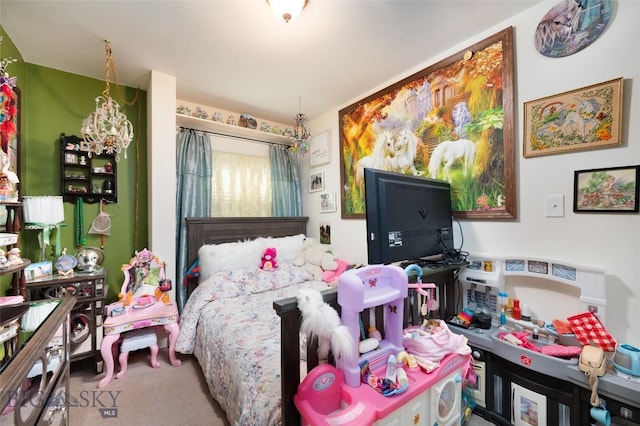 682 E River Rd, Pray, MT 59065 - carpeted bedroom featuring a chandelier