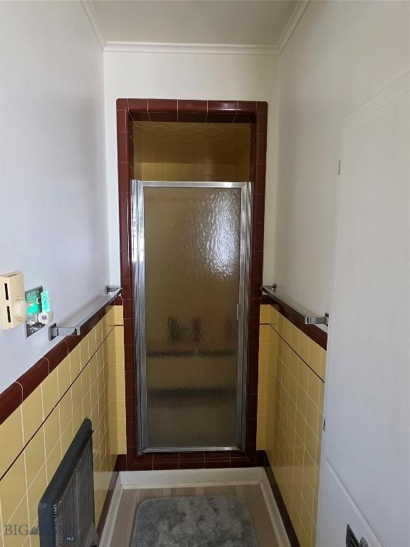 606 S Arizona, Dillon, MT 59725 - doorway to outside with tile walls, ornamental molding, and a wainscoted wall