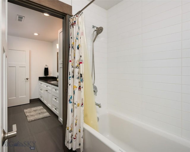 bathroom with shower / bath combo, visible vents, recessed lighting, and vanity