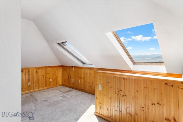 797 Hornet, Butte, MT 59701 - additional living space with wood walls, carpet, baseboards, and vaulted ceiling with skylight