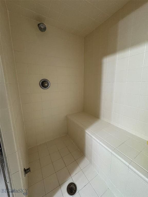 bathroom featuring tile patterned flooring and tiled shower