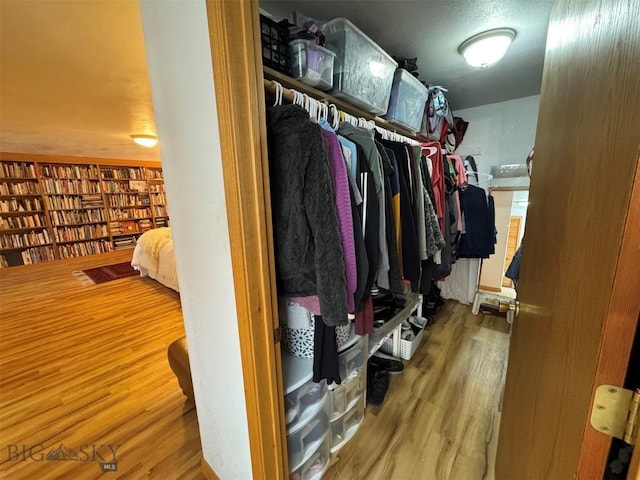 walk in closet with wood finished floors
