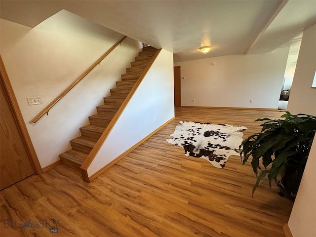 staircase featuring wood finished floors and baseboards