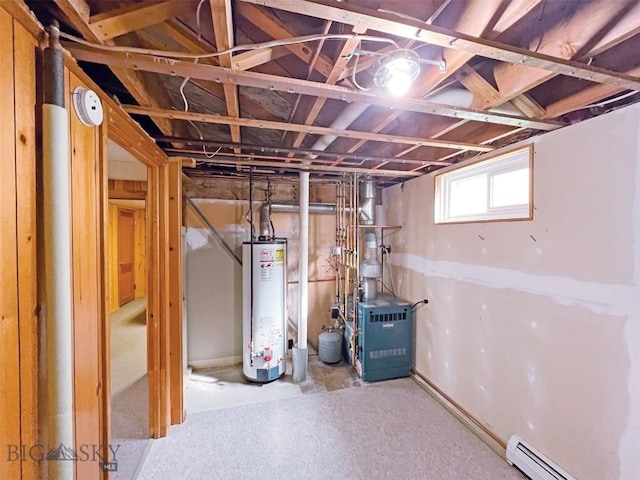 basement featuring gas water heater, a baseboard radiator, and a heating unit