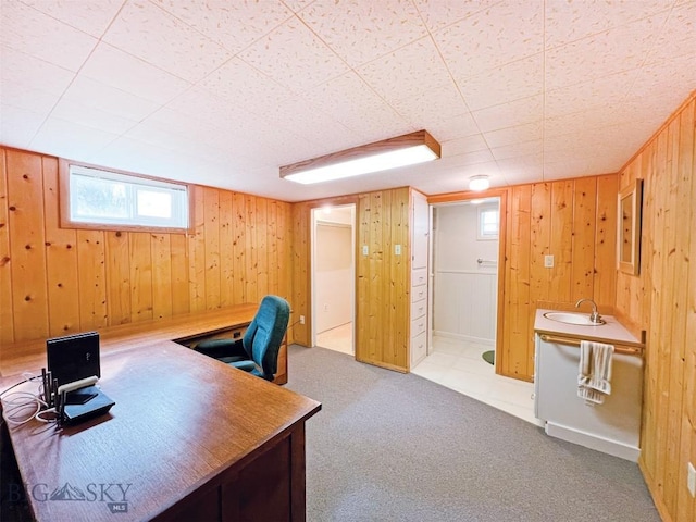 carpeted office with wooden walls and a sink