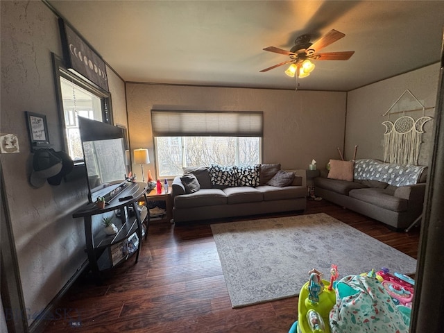 living room featuring ceiling fan, a textured wall, and dark wood finished floors