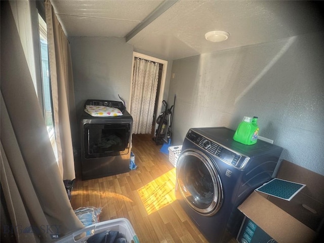laundry room with wood finished floors, independent washer and dryer, and laundry area