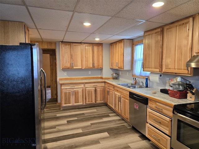 kitchen with stainless steel appliances, light countertops, light wood finished floors, a sink, and a paneled ceiling