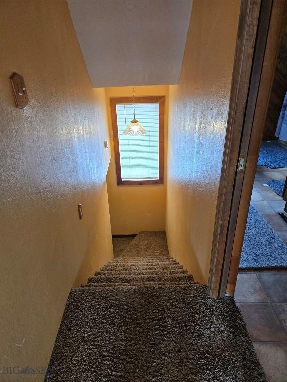 stairs with a textured wall