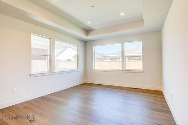 1520 Cyril Way, Belgrade, MT 59714 - unfurnished room featuring wood finished floors, a tray ceiling, and recessed lighting