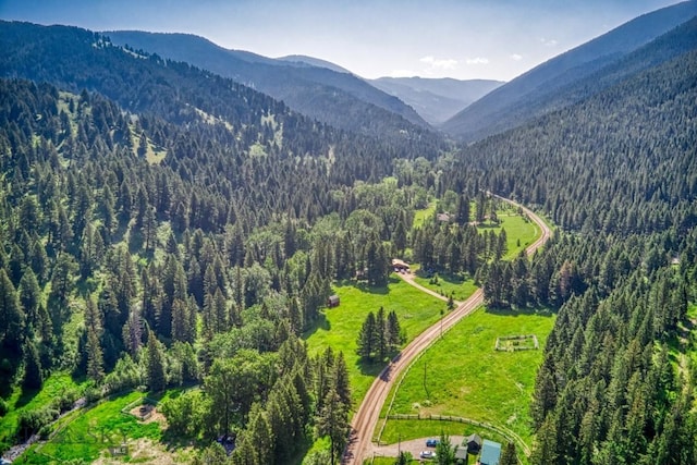 14470 Cottonwood Canyon Rd, Bozeman, MT 59718 - drone / aerial view featuring a wooded view and a mountain view