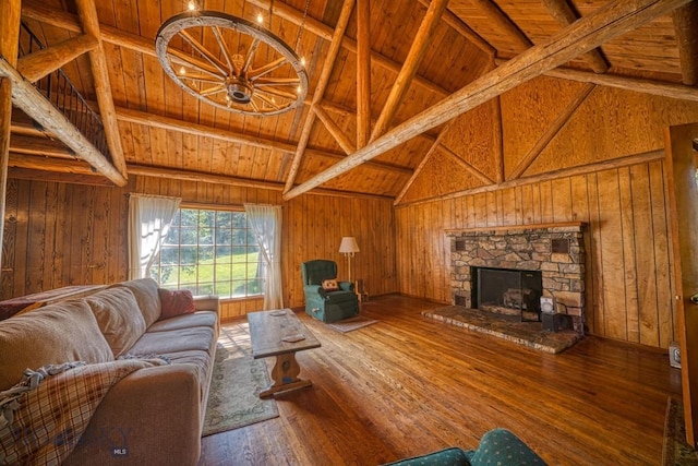 14470 Cottonwood Canyon Rd, Bozeman, MT 59718 - living room with wood walls, hardwood / wood-style floors, wooden ceiling, a fireplace, and beamed ceiling