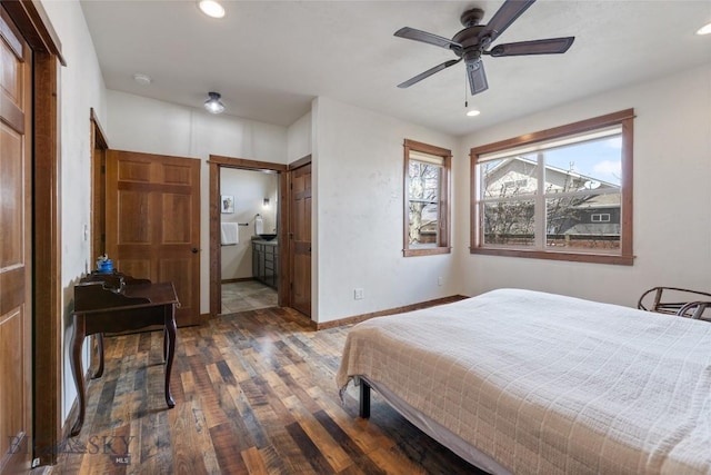 3383 Sora Way, Bozeman, MT 59718 - bedroom with hardwood / wood-style flooring, recessed lighting, ensuite bath, and a ceiling fan