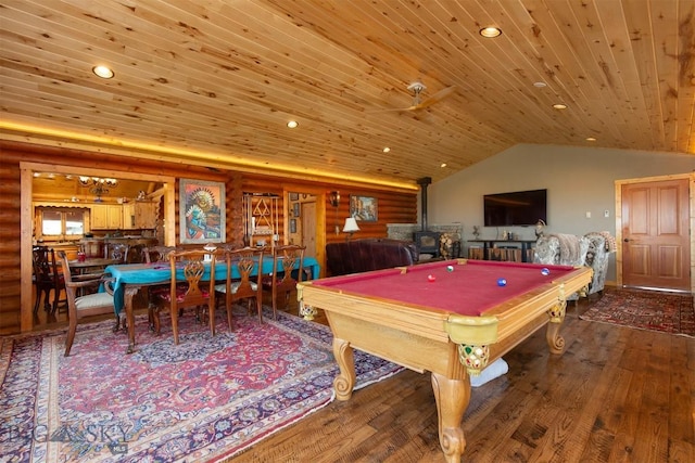 recreation room featuring wood ceiling, billiards, a wood stove, log walls, and wood finished floors
