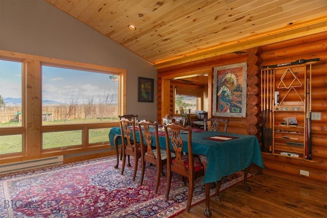 dining space with a baseboard heating unit, wooden ceiling, log walls, wood finished floors, and lofted ceiling